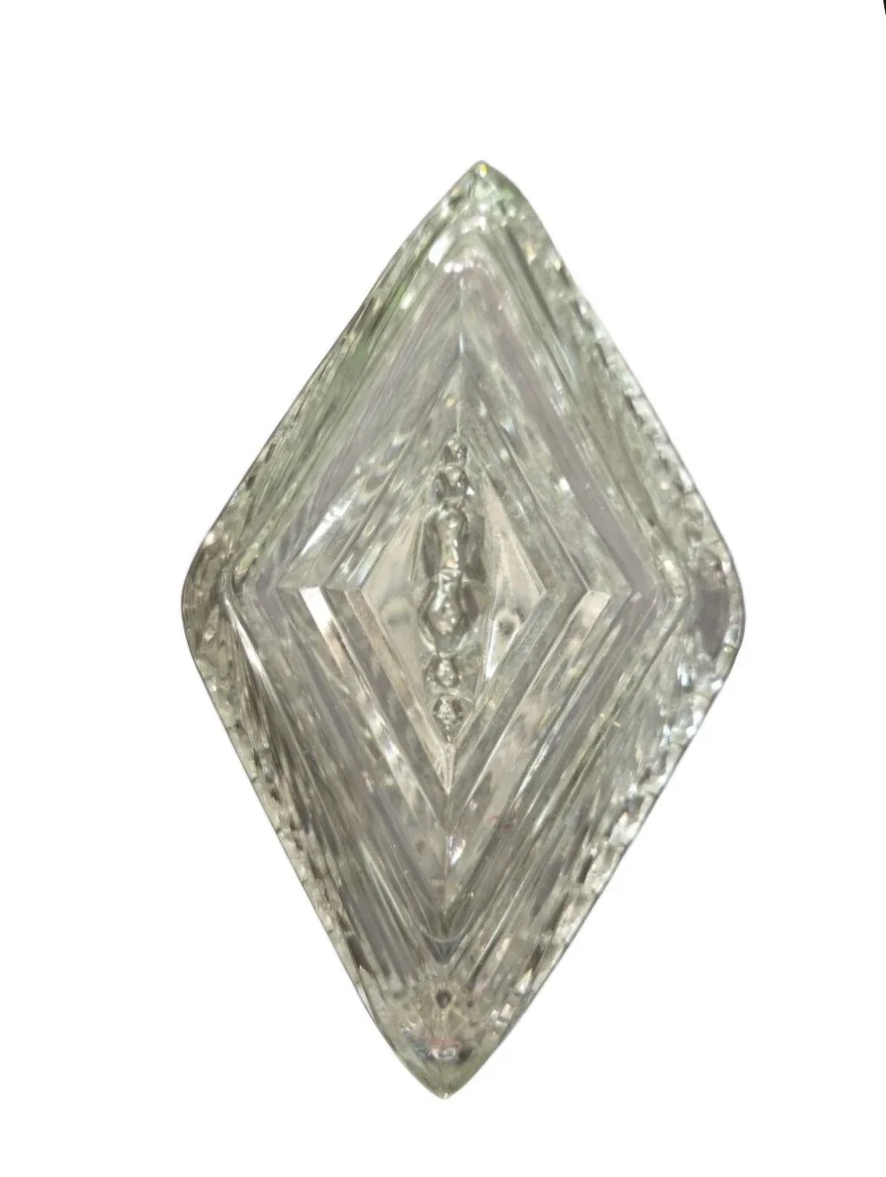 vintage Art Deco diamond-shaped ribbed glass lidded trinket with sawtooth edge.